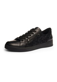 Black low-top sneaker with textured side panel, black laces, side zipper, and rubber sole shown on white background.