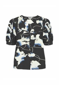Blusa negra con estampado floral en blanco y azul. Tiene un escote en V, mangas cortas abullonadas y un cierre frontal con botones negros.