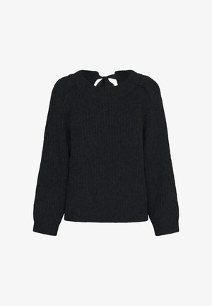 Schwarzer gestrickter Pullover mit strukturiertem Muster, Rundhalsausschnitt und einer Schleifendetail im Rücken. Mit langen Ärmeln und einer lockeren Passform.