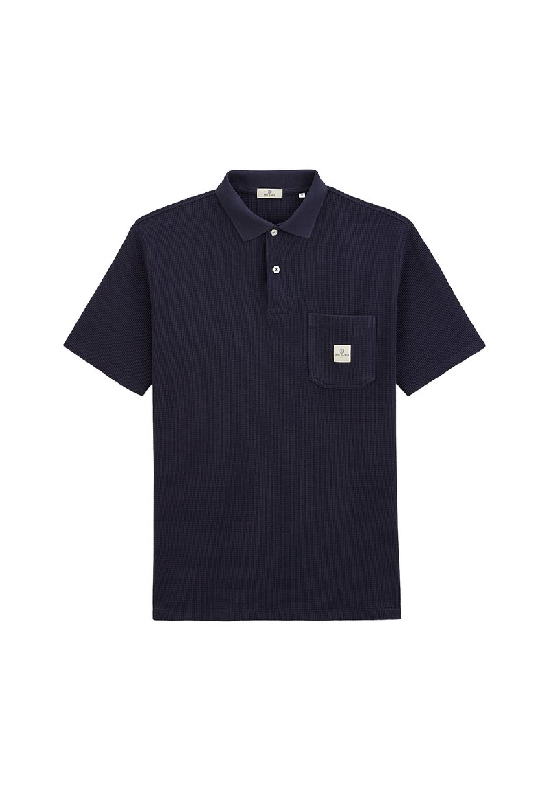 Marineblauwe polo met een gestructureerde stof, korte mouwen, een kraag, drie knopen en een borstzak met een logo-label.