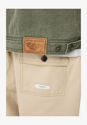 Green canvas jacket with a brown leather label. Tan pants with a pocket and blue label. Metal button visible on the jacket.
