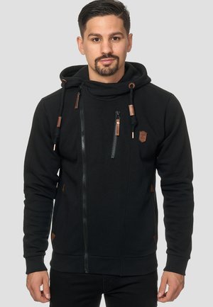 Black zip-up hoodie made from a soft fabric, featuring a high collar, leather accents, two zip pockets, and ribbed cuffs.
