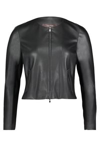 Czarna skórzana kurtka z okrągłym dekoltem, z przodu na zamek błyskawiczny oraz dwoma zapinanymi na zamek kieszeniami. Gładka tekstura, dopasowany krój i długie rękawy.