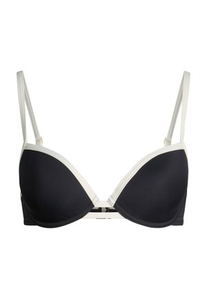 Schwarzer Bügel-BH mit weißer Einfassung und dünnen, verstellbaren Schulterträgern, präsentiert auf weißem Hintergrund.