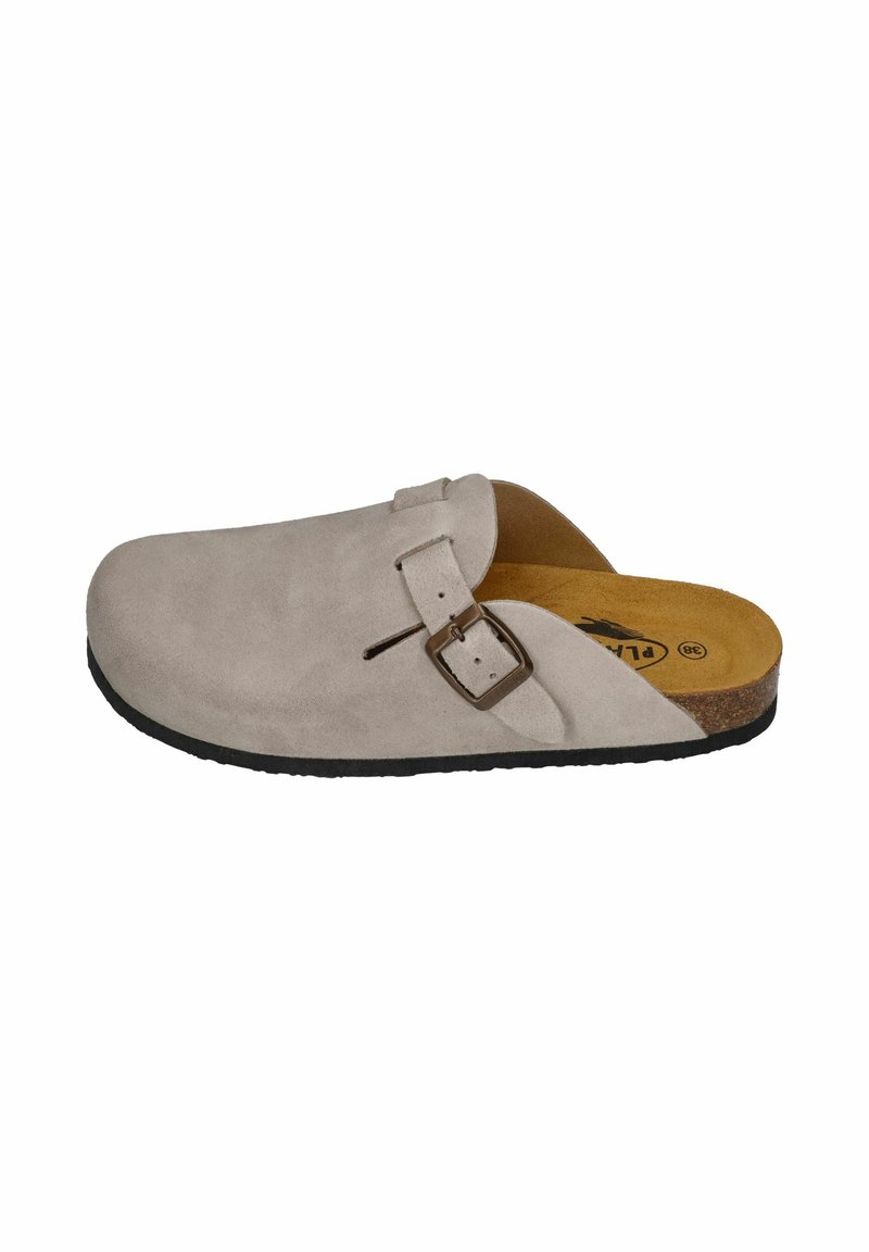 Suede clogs in light gray with a round toe. Features a brown adjustable strap and a cork footbed atop a black rubber sole.