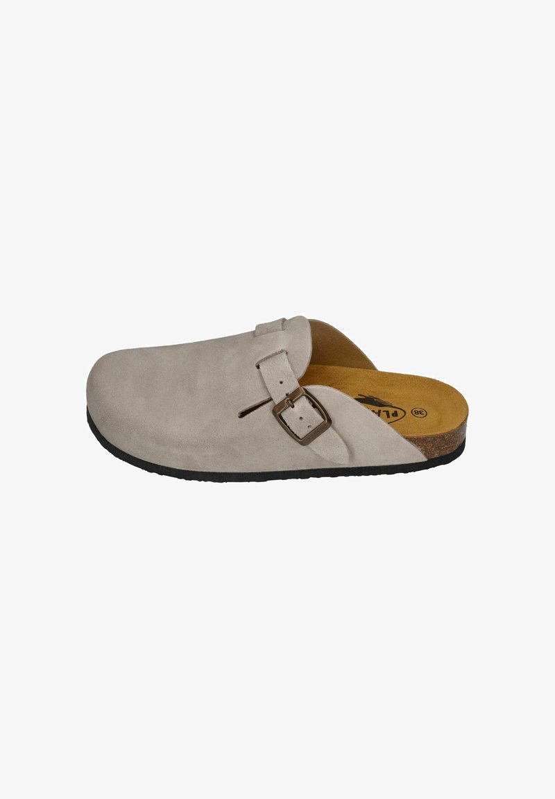 Suede clogs in light gray with a round toe. Features a brown adjustable strap and a cork footbed atop a black rubber sole.