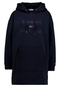 Sudadera con capucha de color azul marino con un gran logo que dice "TOMMY HILFIGER" en strass, bolsillo frontal y cordones para ajustar.