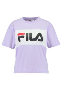 Lilac short-sleeve t-shirt made of cotton. Features a white central panel with a black FILA logo and red accent. Classic crew neck design.