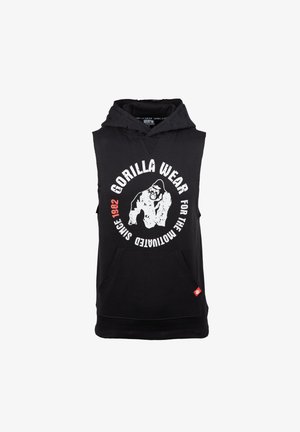 Black sleeveless hoodie made of cotton, featuring a front pocket, prominent white graphic text, and a red tag at the hem.