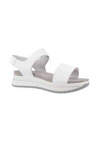 Sandalo bianco con doppie cinghie, rifinito in pelle liscia, dotato di soletta imbottita e suola in gomma leggera per il massimo comfort.