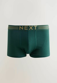 Boxer shorts en mélange de coton vert avec un waistband à rayures dorées arborant fièrement le nom de la marque "NEXT". Texture lisse, design ajusté.