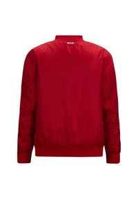 Rote Bomberjacke mit glatter Textur, gerippten Bündchen und Taillenbund. Der Rücken hat ein schlichtes Design ohne zusätzliche Verzierungen.