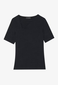 Black short-sleeve T-shirt with a V-neck design, made of a soft, smooth fabric. Features a classic fit with no patterns or accents.