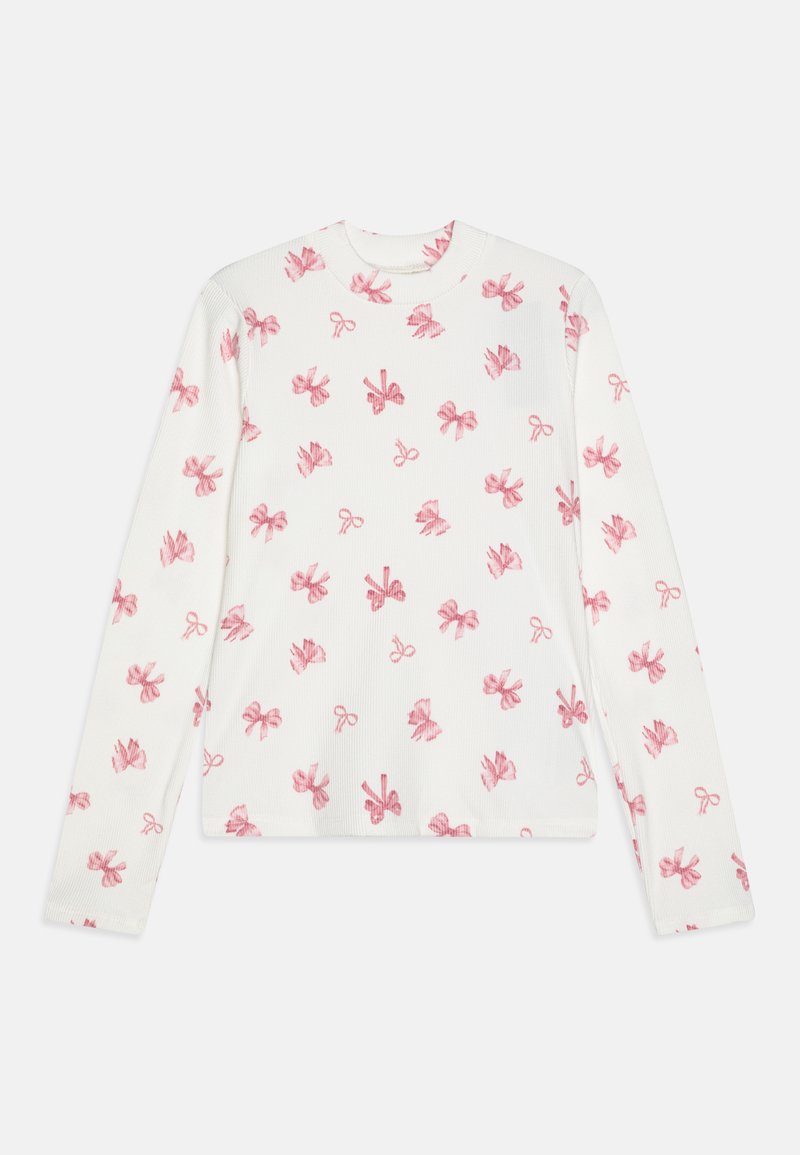 Langermet skjorte laget av ribbet stoff, hvit med rosa sløyfemønster over hele. Har rund halslinning og tettsittende ermer.