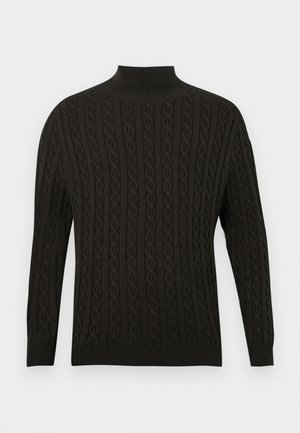 Pullover de malha preta com gola alta tipo turtle neck, design de cabos texturizados, mangas compridas e punhos e bainha canelados.