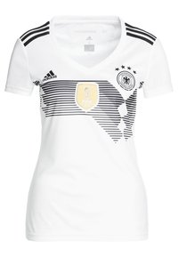 Witte sporttrui met V-hals, voorzien van horizontale zwarte strepen, Adidas-logo, Duits voetbalwapen en FIFA-Wereldbeker-embleem.
