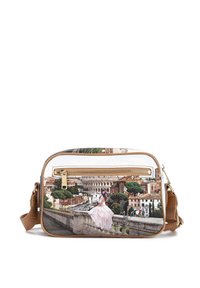 Borsa a spalla multicolore e testurizzata, con un design panoramico di Roma, zip dorata e tracolla regolabile marrone.