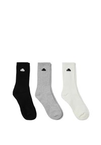 Tres pares de calcetines de tripulación en negro, gris y blanco, cada uno con un pequeño logotipo de croissant cerca de la parte superior.