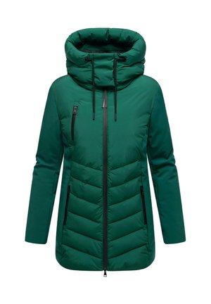 Grüne gepolsterte Jacke mit hohem Kragen, Reißverschluss-Taschen und schlanker Silhouette. Zusätzliche Kordeln befinden sich an der Kapuze.