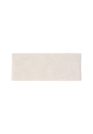 Blødt, beige stof hovedbånd, rektangulær form, lavet af et strikket materiale, har en ensartet tekstur og ingen pynt.
