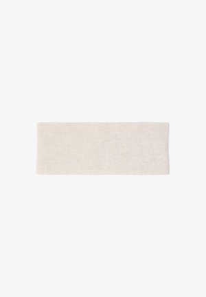 Zacht, beige stoffen hoofdband, rechthoekige vorm, gemaakt van een gebreid materiaal, met een consistente textuur en zonder versieringen.