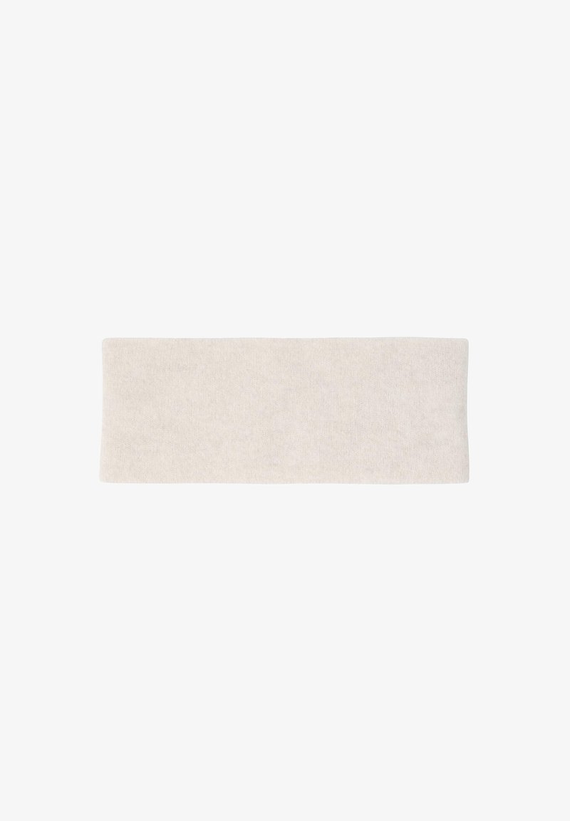 Un serre-tête en tissu beige doux, de forme rectangulaire, fabriqué en matériau tricoté, doté d'une texture uniforme et sans ornementation.