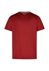 T-shirt en coton rouge avec un col rond standard, des manches courtes et une texture lisse. L'intérieur de l'encolure présente un détail rayé contrastant.