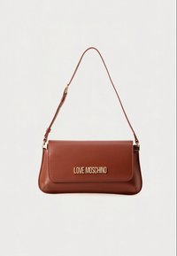 Brown leather shoulder bag with adjustable strap featuring gold "LOVE MOSCHINO" logo on front flap closure.