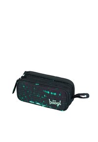 Astuccio nero con motivo in codice binario verde, dotato di due scomparti con cerniera e una maniglia laterale per un facile trasporto.