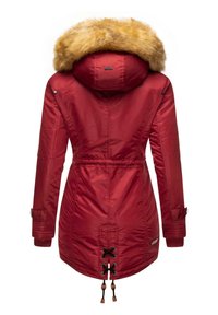 Red insulated parka with a detachable faux fur hood, belted waist, and laced adjustments at the hem. Features ribbed cuffs and stitched accents.