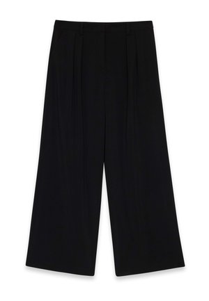 Zwarte wijde broek van gladde stof, met plooien aan de voorkant, een middelhoge taille en geen zichtbare sluitingen of versieringen.