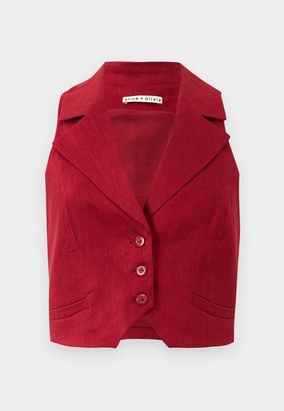 Rote ärmellose Weste mit breiten Revers, drei vorderen Knöpfen und zwei Paspeltaschen, flach ausgelegt und das Innenetikett zeigend.