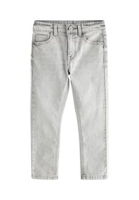 Jean en denim gris clair avec une taille standard, des poches avant, et une coupe légèrement fuselée. Texture subtile avec des détails de coutures classiques.