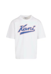White cotton t-shirt with short sleeves and a round neckline. Features a multicolored "Kani" graphic on the front in blue and red.