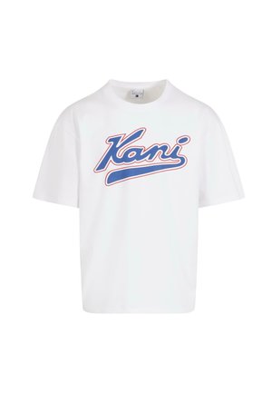 Weißes Baumwoll-T-Shirt mit kurzen Ärmeln und rundem Ausschnitt. Auf der Vorderseite befindet sich ein mehrfarbiges "Kani"-Grafikdesign in Blau und Rot.