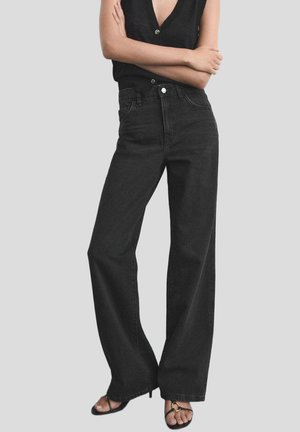 Black wide-leg jeans made of denim, featuring a high waist, front button closure, and subtle stitching details. Smooth texture and clean edges.