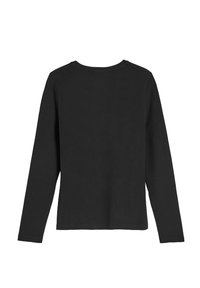 Czarna, bawełniana koszulka z długim rękawem, o okrągłym dekolcie i miękkiej fakturze. Posiada prosty, nieozdobiony wzór z tyłu.