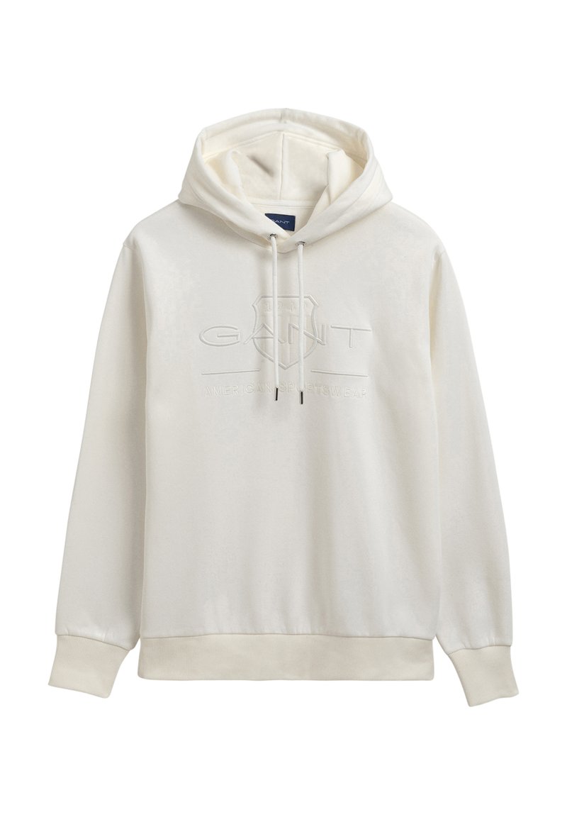 Sudadera blanca con un logo en texto en relieve, con capucha ajustable y puños y dobladillo de canalé. Fabricada en tejido suave, diseñada para la comodidad.