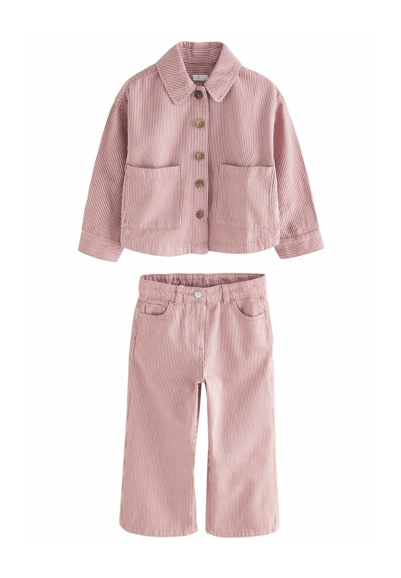 Striped children's corduroy jacket with button closure and two front pockets, paired with matching wide-leg pants. Both in a soft pink hue.