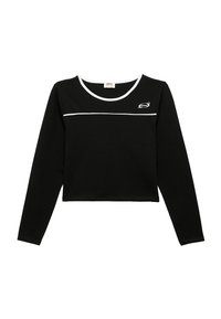 Sort langærmet crop top med hvid rund halsudskæring og vandret hvid stribe på brystet, med et lille logo på venstre side.