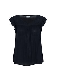 Haut bleu marine à manches courtes avec des accents froncés, décolleté en V, et une silhouette ample et fluide, confectionné dans un tissu léger.