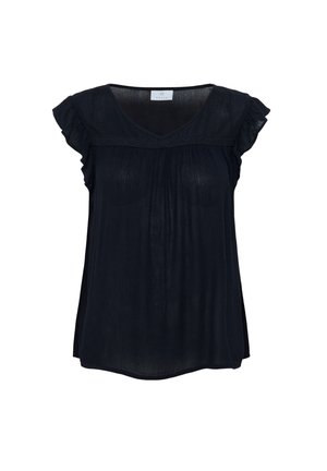 Sötétkék, rövid ujjú felső fodros díszítéssel, V-nyakkivágással és laza, lebegő sziluettel, könnyű anyagból készült.