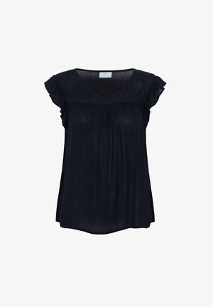 Haut bleu marine à manches courtes avec des accents froncés, décolleté en V, et une silhouette ample et fluide, confectionné dans un tissu léger.