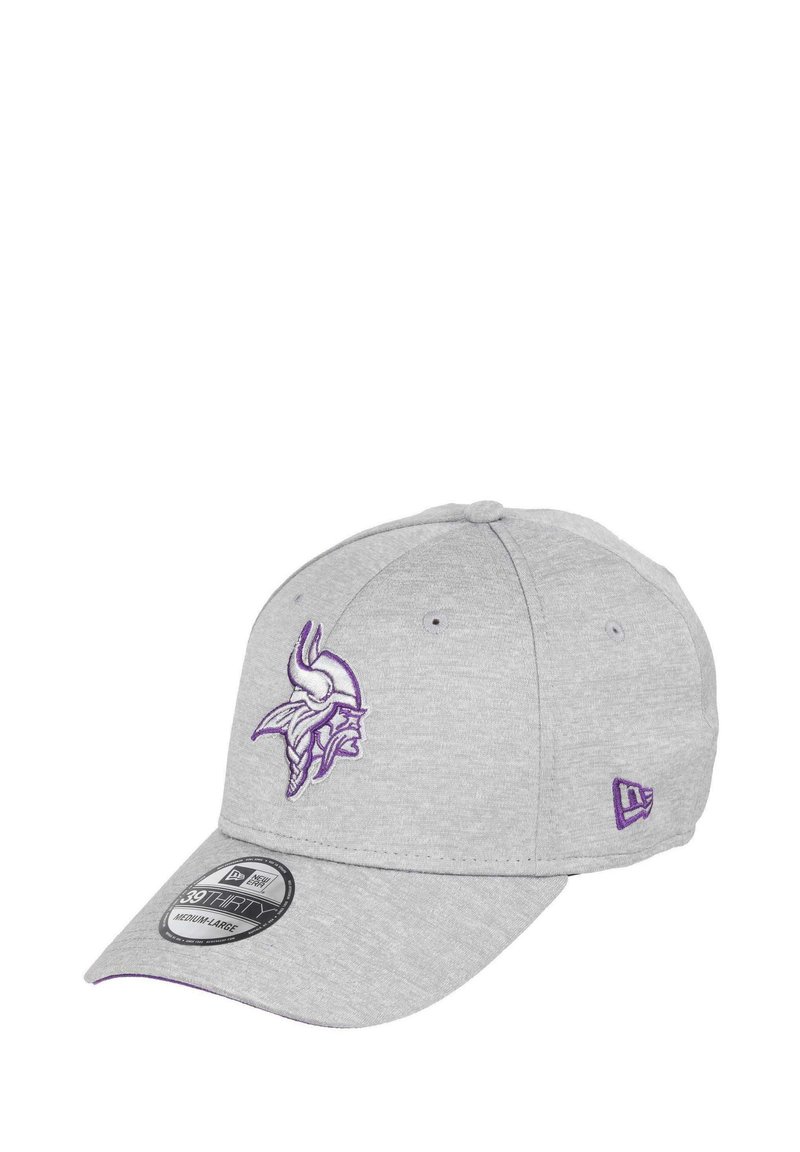 Graue Baseballmütze mit lila Wikinger-Logo, das auf der Vorderseite gestickt ist, mit einem geschwungenen Schirm und strukturiertem Stoff. Maschinenwaschbar.