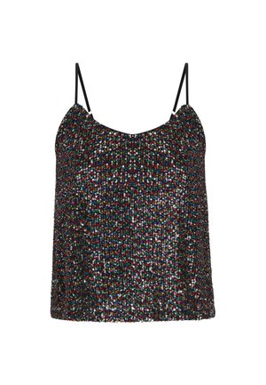 Black sequined sleeveless top with adjustable straps, featuring colorful sequins arranged in a geometric pattern, lightweight fabric.