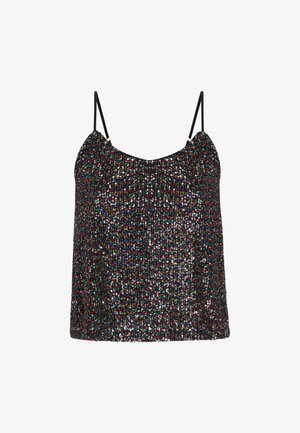 Black sequined sleeveless top with adjustable straps, featuring colorful sequins arranged in a geometric pattern, lightweight fabric.