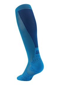 Calzino compressivo in tonalità blu, con un design graduato, motivo testurizzato sulla suola e una finitura liscia sulla parte superiore.