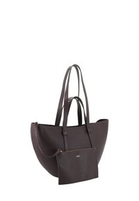 Dunkelbraune, strukturierte Leder-Totebag mit langen Griffen und passender abnehmbarer Tasche mit goldenem Reißverschluss und Logo.