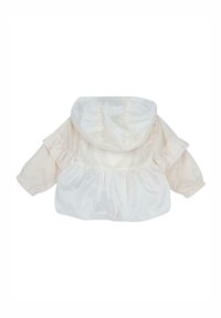 Veste à capuche beige pâle avec des accents à volants, des poignets élastiques et une taille froncée. Texture lisse semblable au satin et design léger.