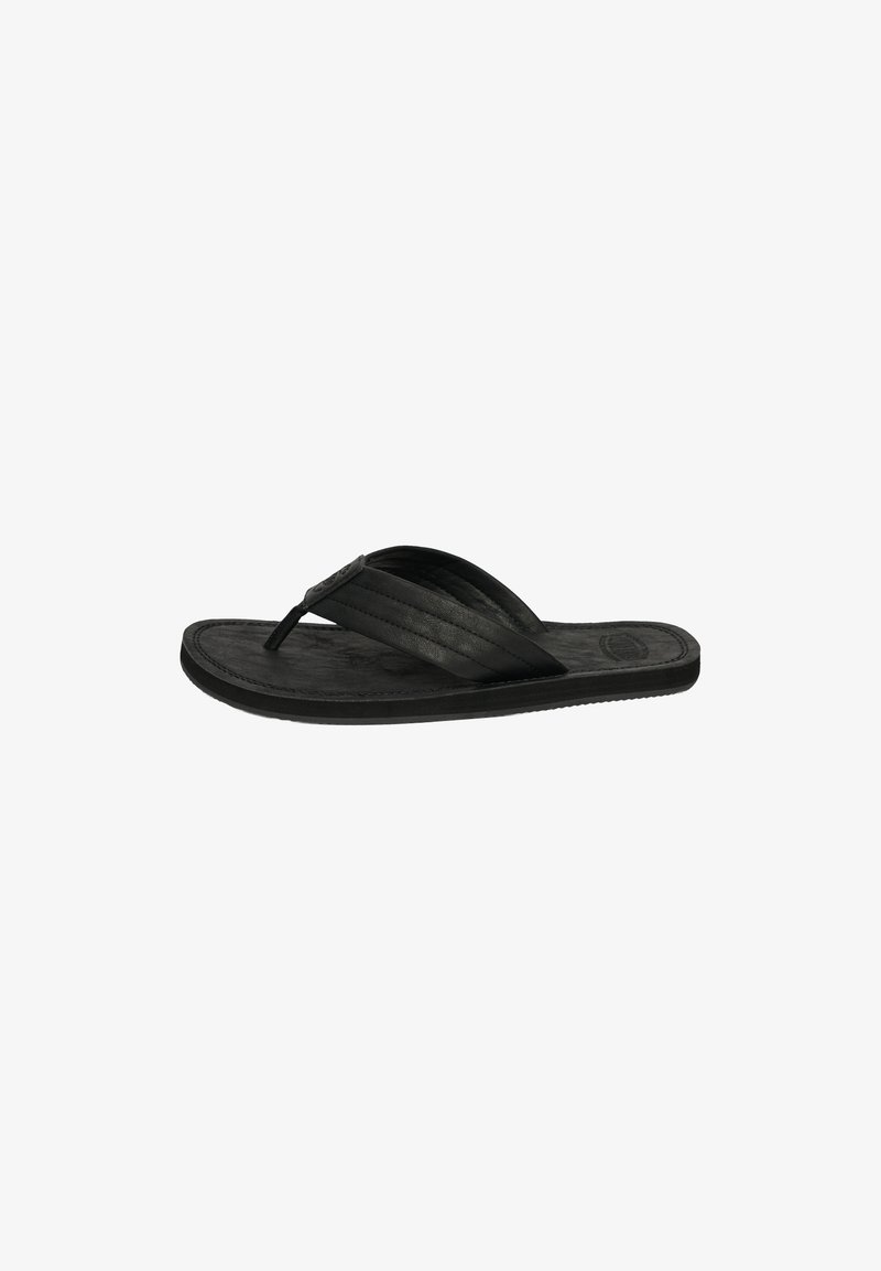 Sandale noire type tong avec une large bride texturée et une semelle rembourrée, conçue pour un usage décontracté et confortable.